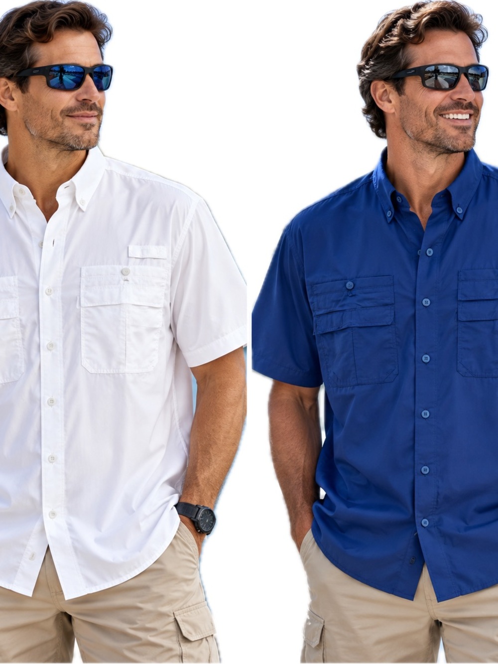 Set of Two Men's Button-Down Camp Shirt in White and Blue